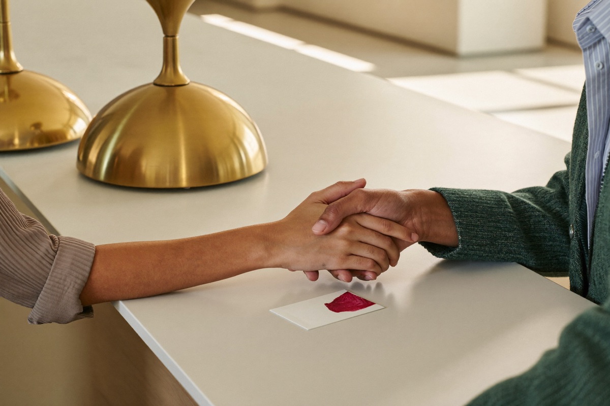A guest's hands and a host's hands at a reception counter with a blank card